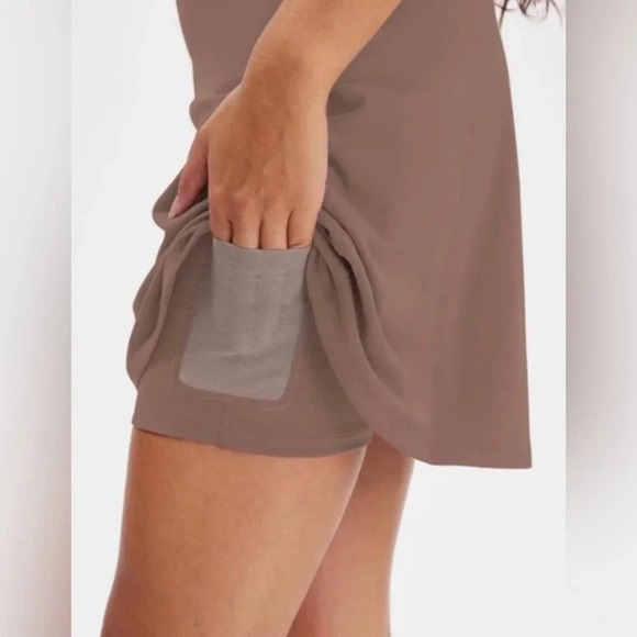 Girlfriend collective exercise dress Lola vneck shorts taupe light brown pockets - Picture 8 of 8